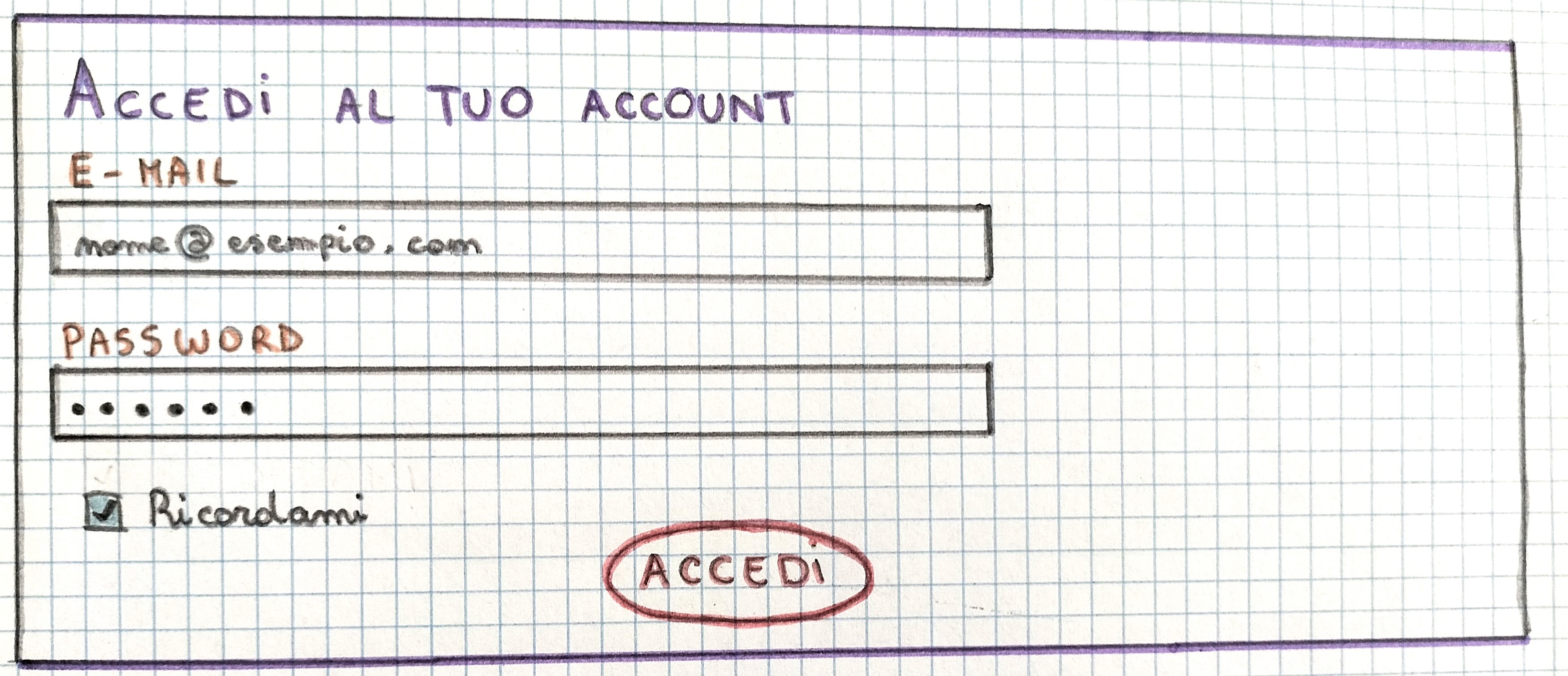 wireframe della pagina accedi